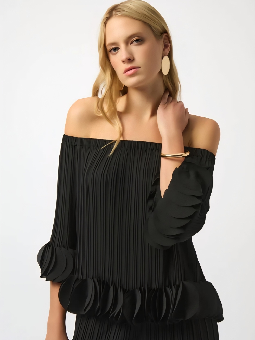 Joseph Ribkoff Black Off-Shoulder Pleated Tunic